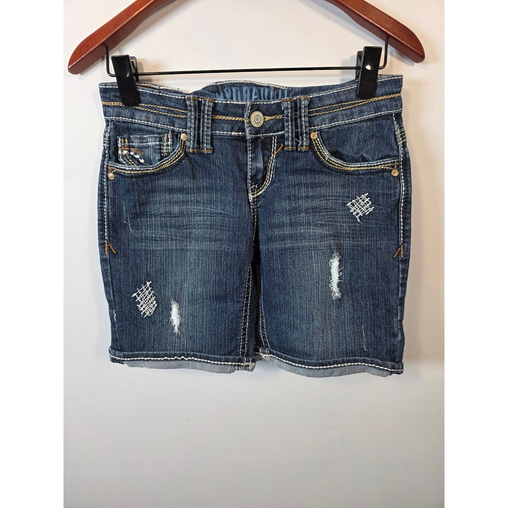 Hydraulic Womens Distressed Denim Shorts Dark Wash Embroidered Size 5/6 Y2K